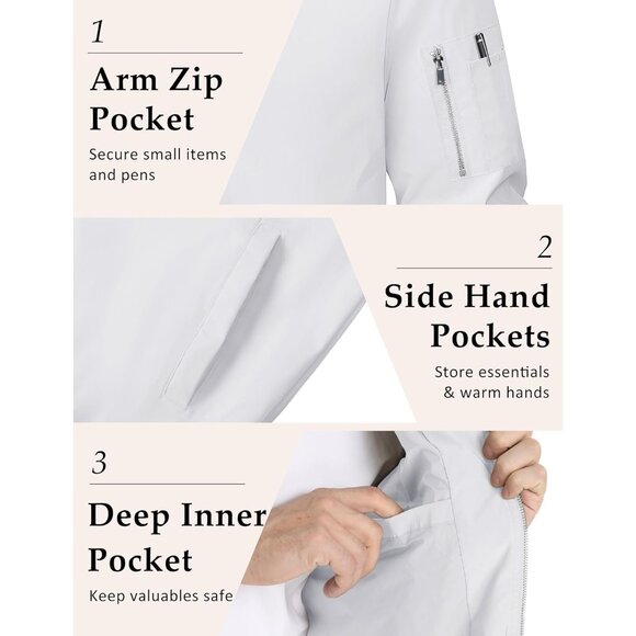 🆕 Men White Bomber Jacket Lightweight Casual Windbreaker Full Zip Spring Coat - Picture 5 of 6